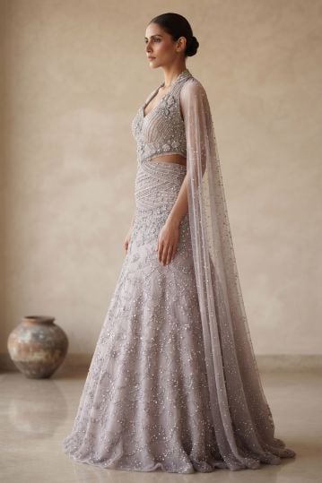 Pale Lavender Net Fishcut Style Cocktail Gown with Cape