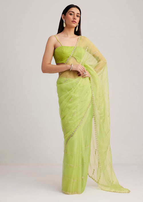 Parrot Green Organza Saree With Cutdana Embroidery