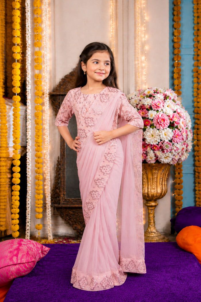 Blush Pink Sequined Embroidered Festive Saree Set