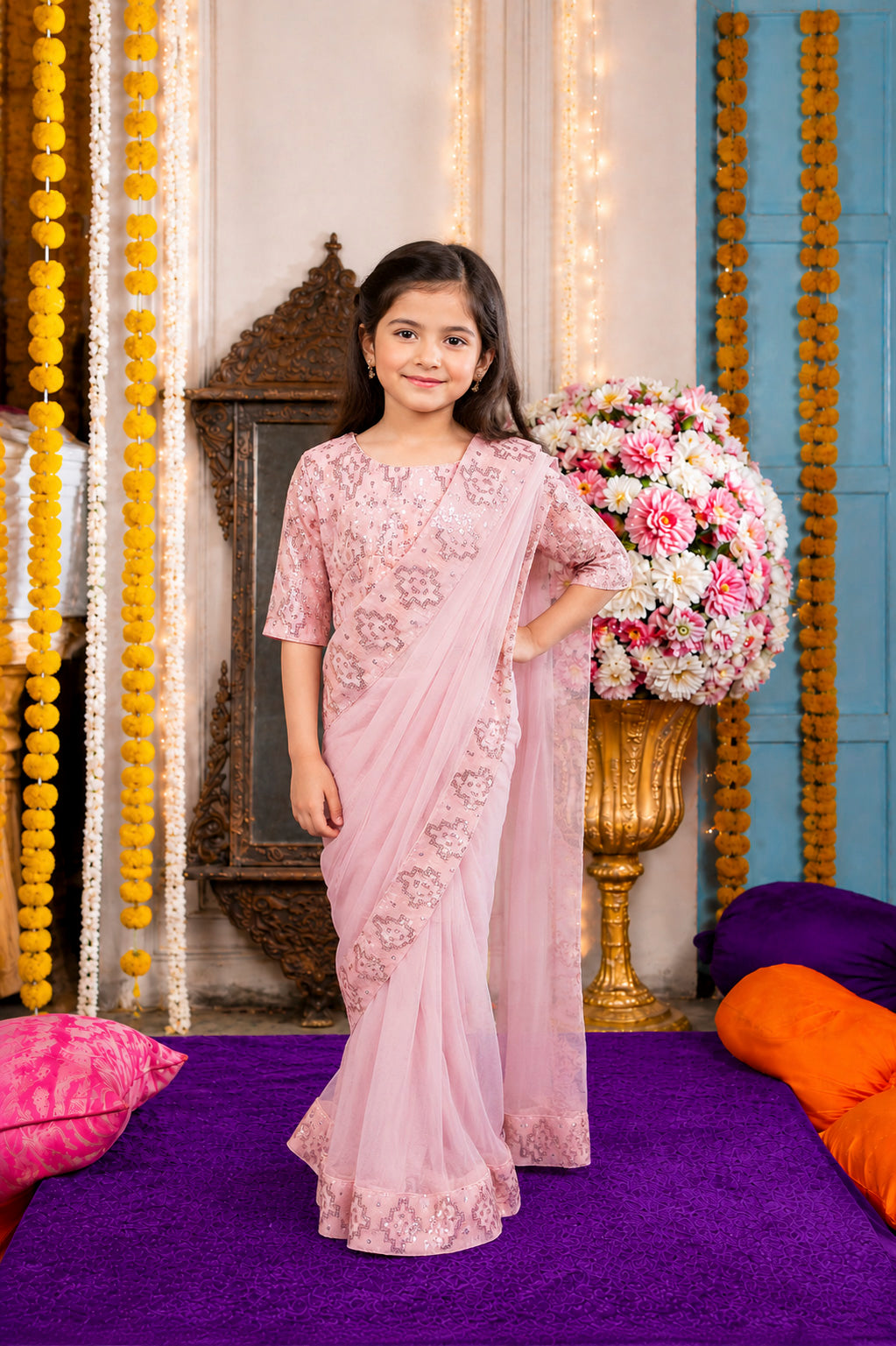 Blush Pink Sequined Embroidered Festive Saree Set