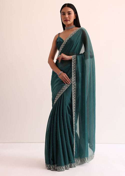 Peacock Blue Organza Saree With Cut Dana Embroidery