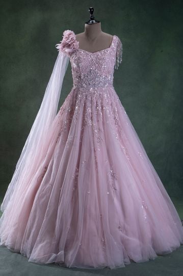 Pink Sequins Embroidered Evening Gown with Pentagon Neck
