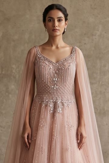 Pink Sequins Embroidered Net Flared Style Evening Gown