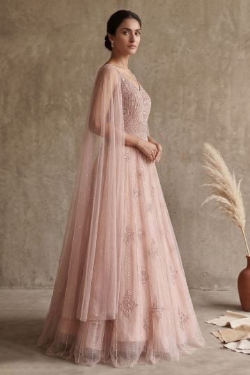 Pink Sequins Embroidered Net Flared Style Evening Gown