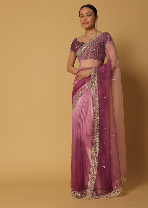 Pink Ombre Glass Organza Saree With Sequin Work Pallu
