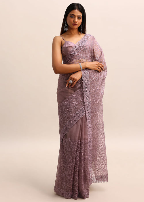 Purple Organza Saree With Floral Resham Thread Work