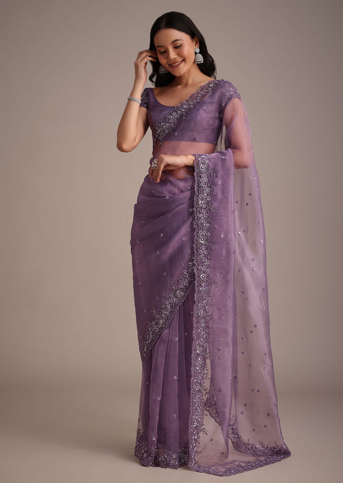 Purple Soft Organza Saree With Cutdana Sequins Embroidery