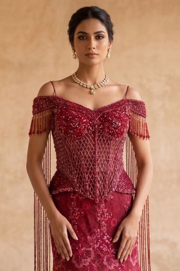 Red Sequins Embroidered Mermaid Style Evening Gown