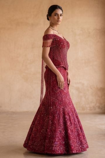 Red Sequins Embroidered Mermaid Style Evening Gown