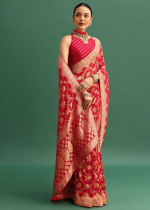 Red Georgette Saree With Zari Jaal Bandhani Weave