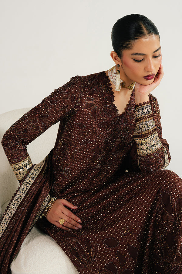 ZORAYN – 3-Piece Silk Embroidered Ensemble in Chocolate Brown | Suffuse