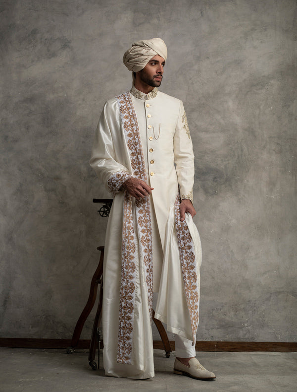 Off White Raw Silk Sherwani