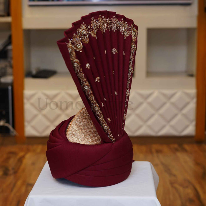 Maroon Aitchison Kulla (Turban) with Hand Embellishments