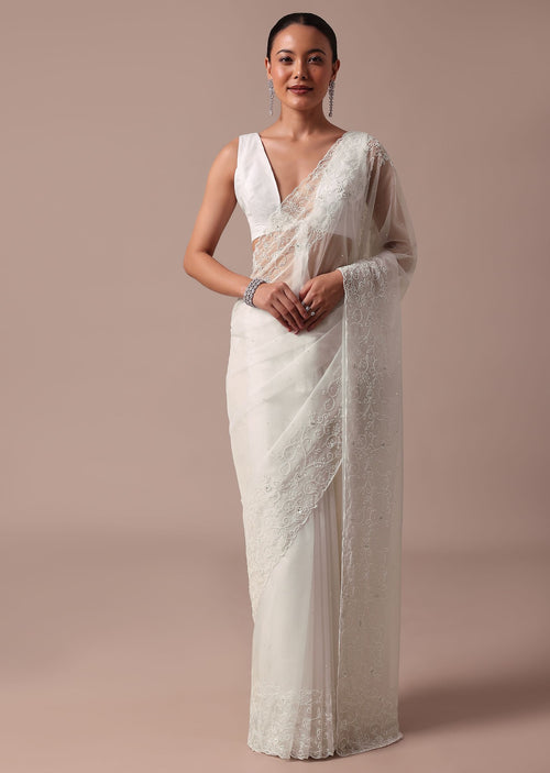 White Embroidered Organza Saree