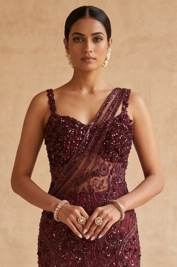Wine Purple Sequins Embroidered Mermaid Style Evening Gown