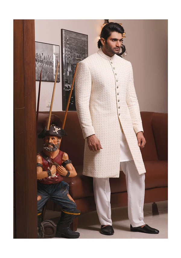 Classic Cream Cotton Net Traditional Embroidered Sherwani